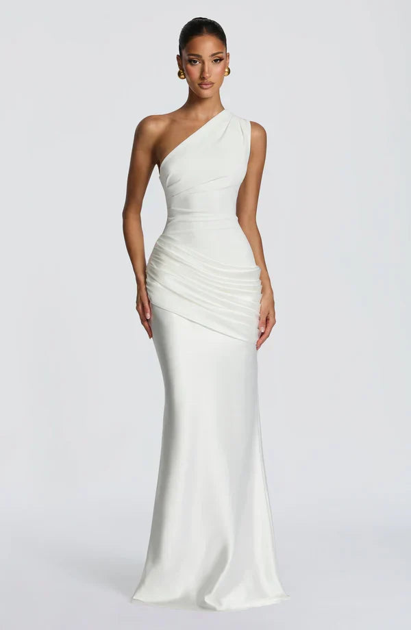 Women's Evening Maxi Dress with One Shoulder and Ruched Detail