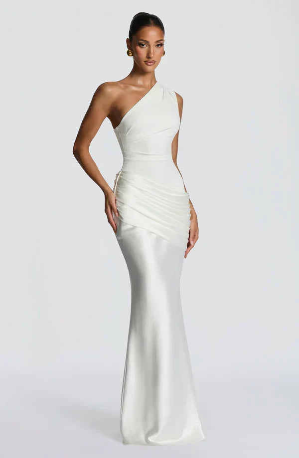 Women's Evening Maxi Dress with One Shoulder and Ruched Detail