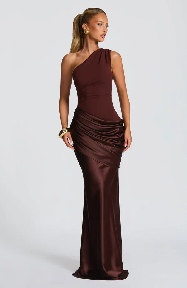 Women's Evening Maxi Dress with One Shoulder and Ruched Detail