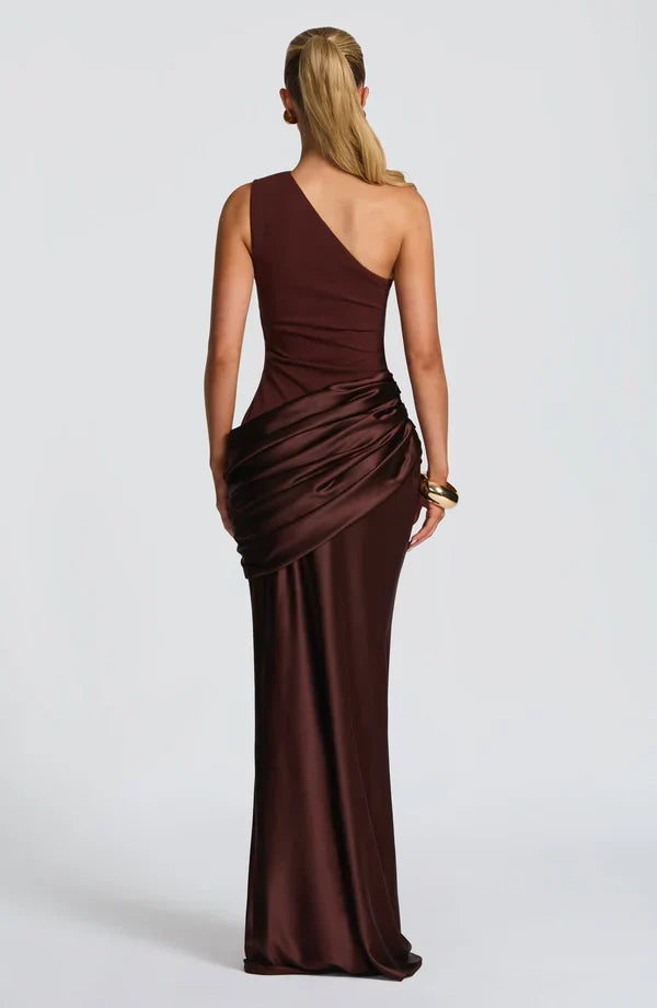 Women's Evening Maxi Dress with One Shoulder and Ruched Detail