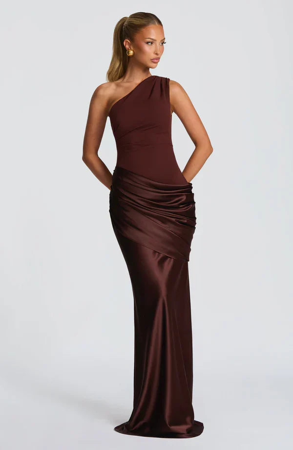 Women's Evening Maxi Dress with One Shoulder and Ruched Detail