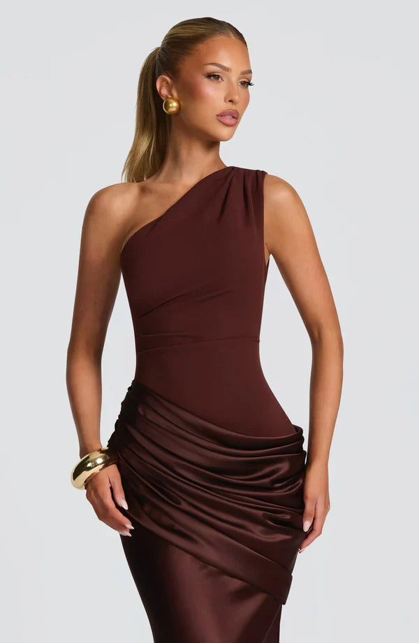 Women's Evening Maxi Dress with One Shoulder and Ruched Detail