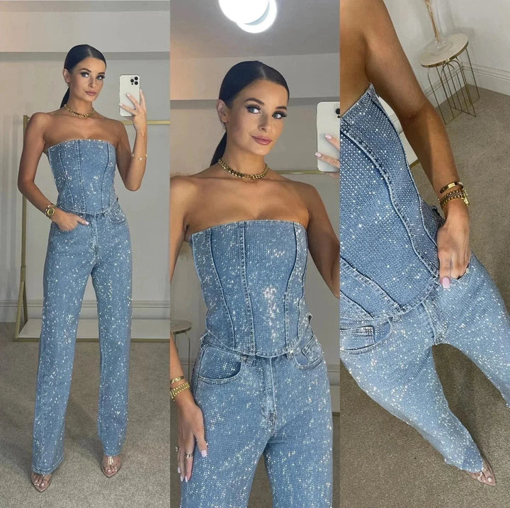Women's Strapless Jumpsuit with Sequin Detail and Wide Leg Design