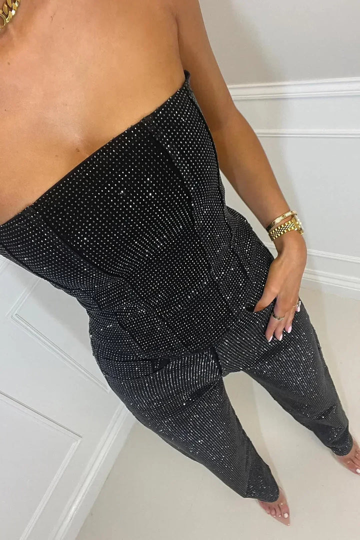 Women's Strapless Jumpsuit with Sequin Detail and Wide Leg Design