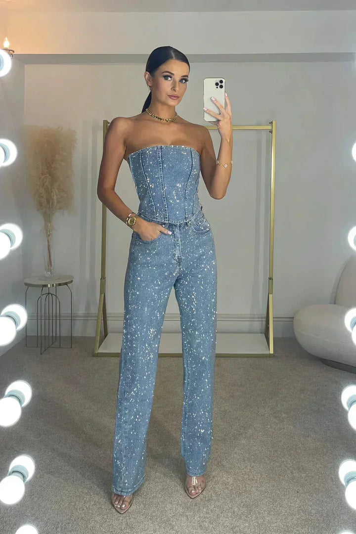 Women's Strapless Jumpsuit with Sequin Detail and Wide Leg Design