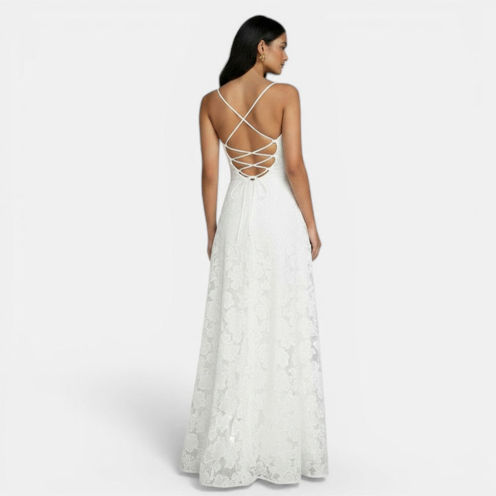 Women's Evening Maxi Dress with Strapless Neckline and Floral Lace
