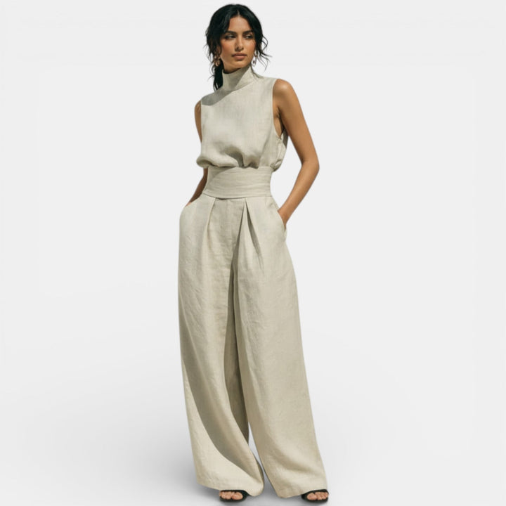 Women's Trouser Set with High Neck Top and Wide Leg Trousers