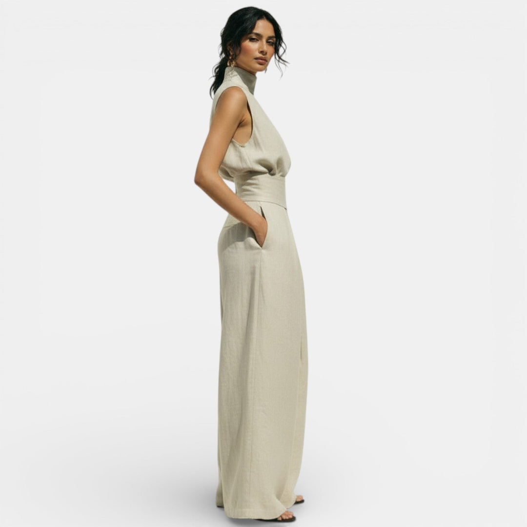 Women's Trouser Set with High Neck Top and Wide Leg Trousers