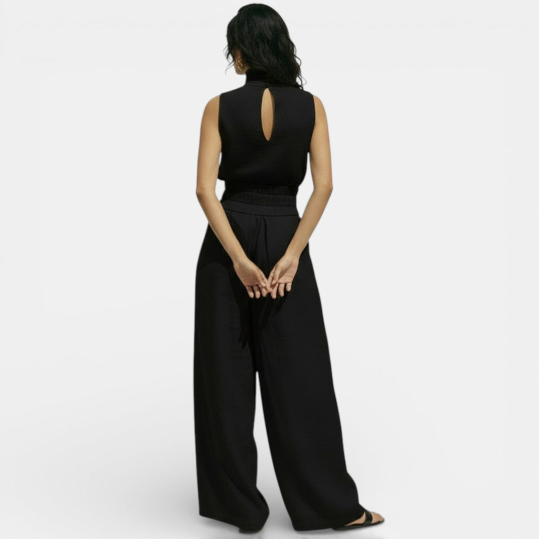 Women's Trouser Set with High Neck Top and Wide Leg Trousers