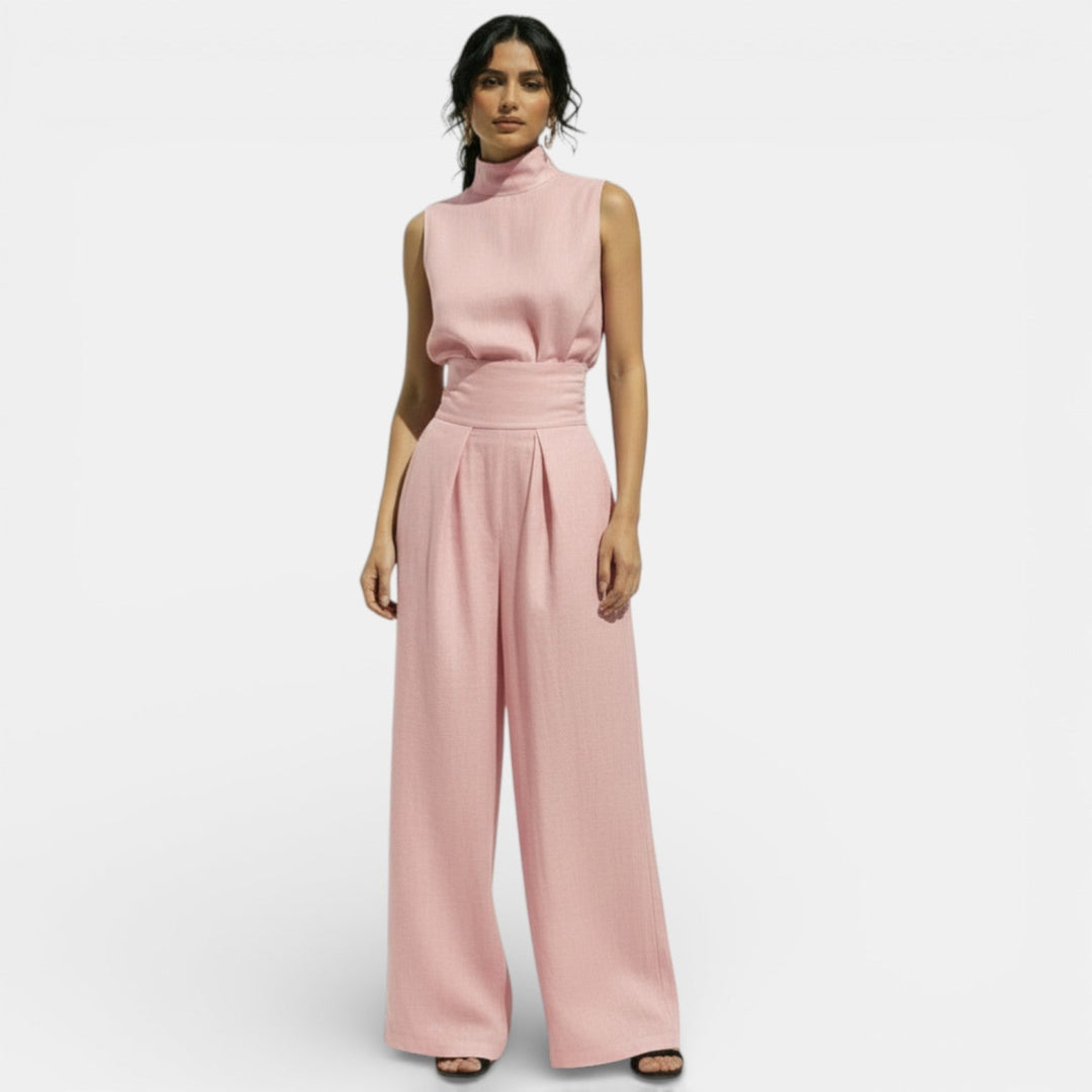Women's Trouser Set with High Neck Top and Wide Leg Trousers