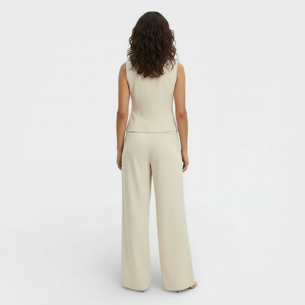 Women's Trouser Set with Waistcoat Top and High Waist Wide Leg Trousers