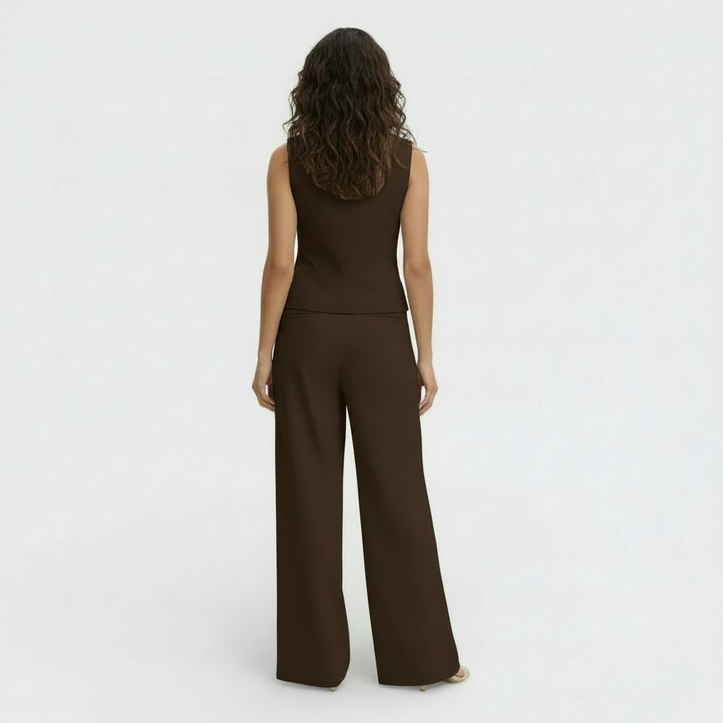 Women's Trouser Set with Waistcoat Top and High Waist Wide Leg Trousers