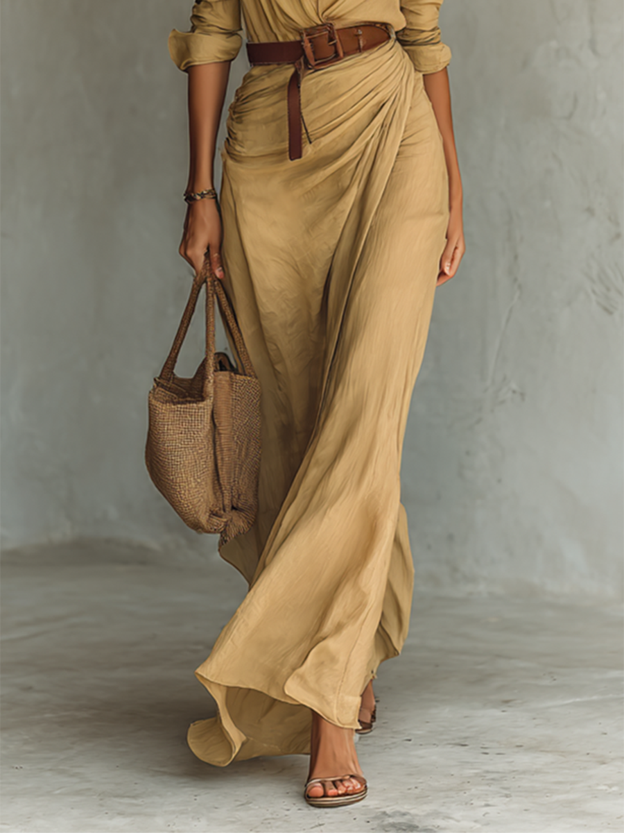 Women's Shirt Maxi Dress with Button Front and Tie Waist