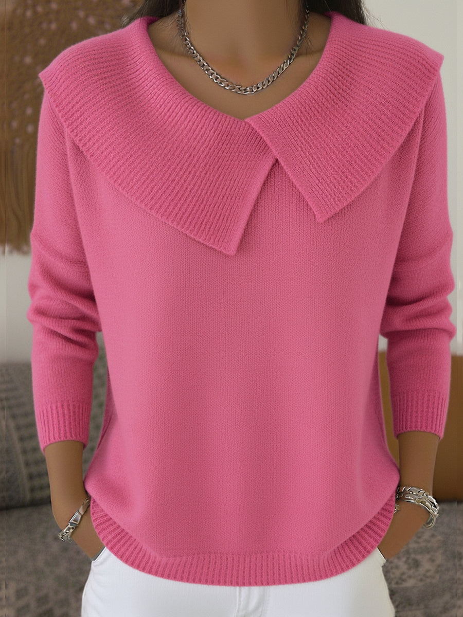 Women's Collared Knit Jumper with V Neck and Long Sleeves