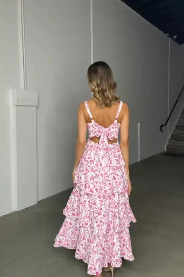 Women's Wedding Guest Floral Maxi Dress with Tiered Skirt