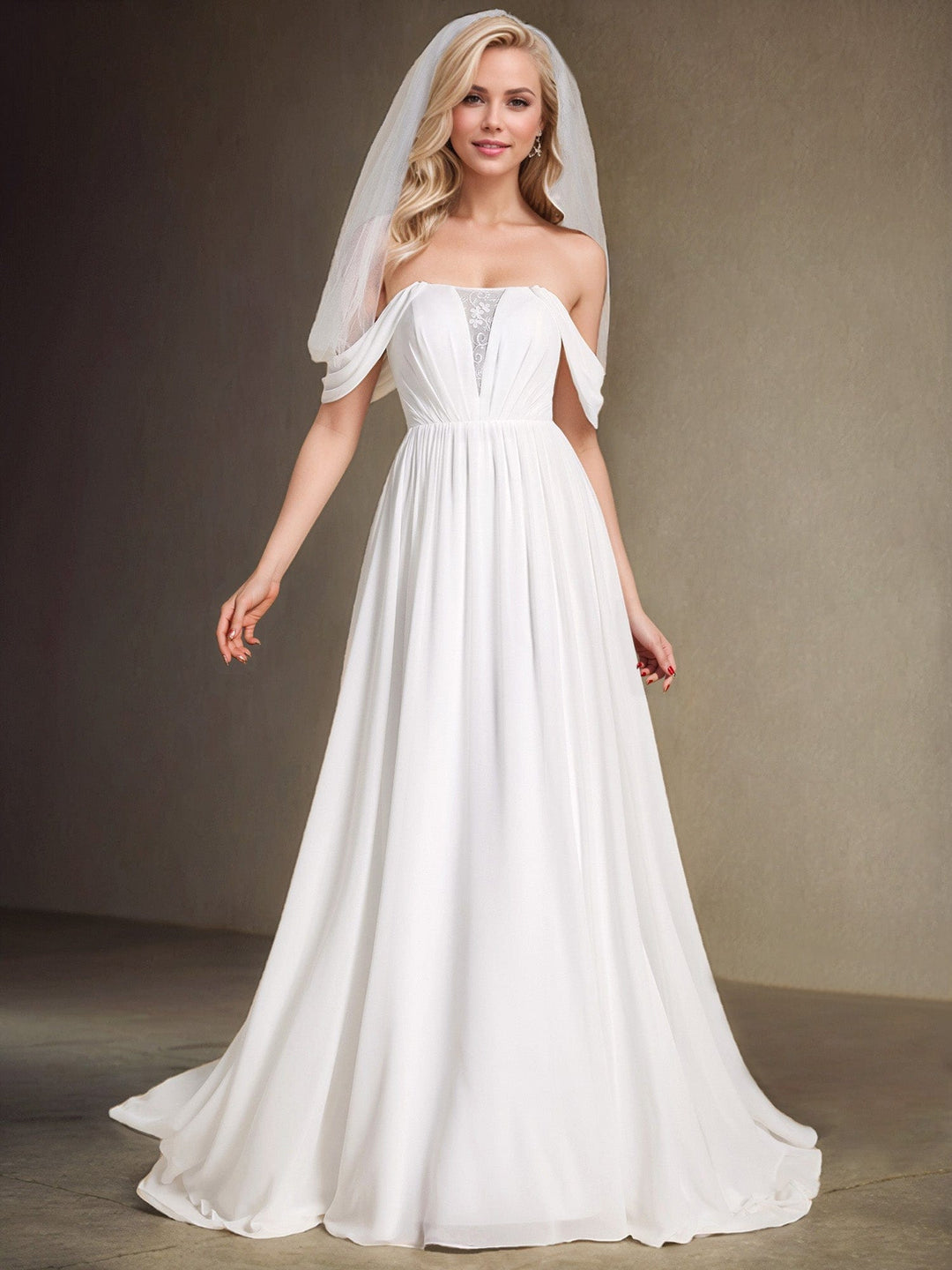 Women's Bardot Wedding Dress with Draped Sleeves and Full Maxi Skirt