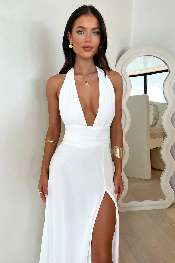 Women's Evening Halter Neck Maxi Dress with Side Slit