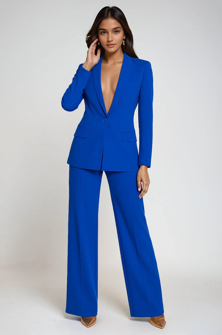 Women's Two Piece Suit Set with Tailored Blazer and Wide Leg Trousers