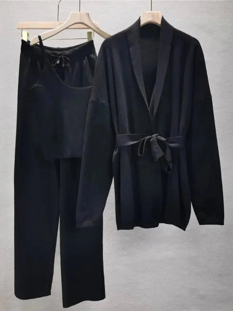 Women's Co Ord Set with Belted Cardigan and Knit Trousers
