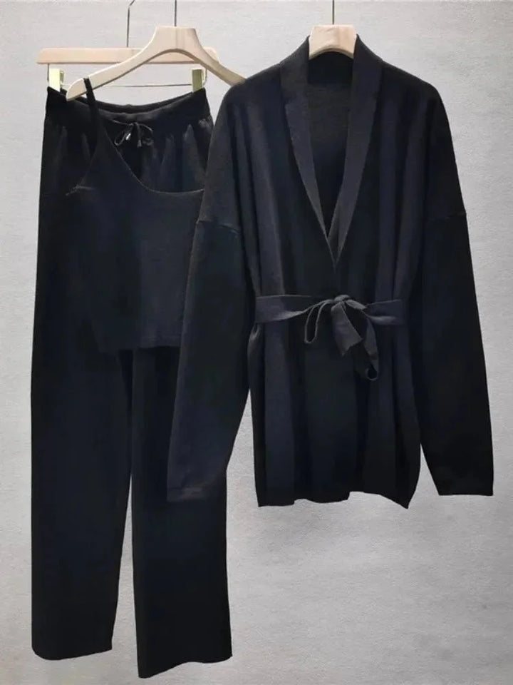 Women's Co Ord Set with Belted Cardigan and Knit Trousers