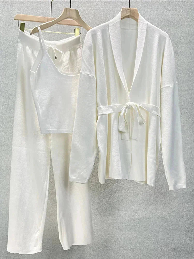 Women's Co Ord Set with Belted Cardigan and Knit Trousers