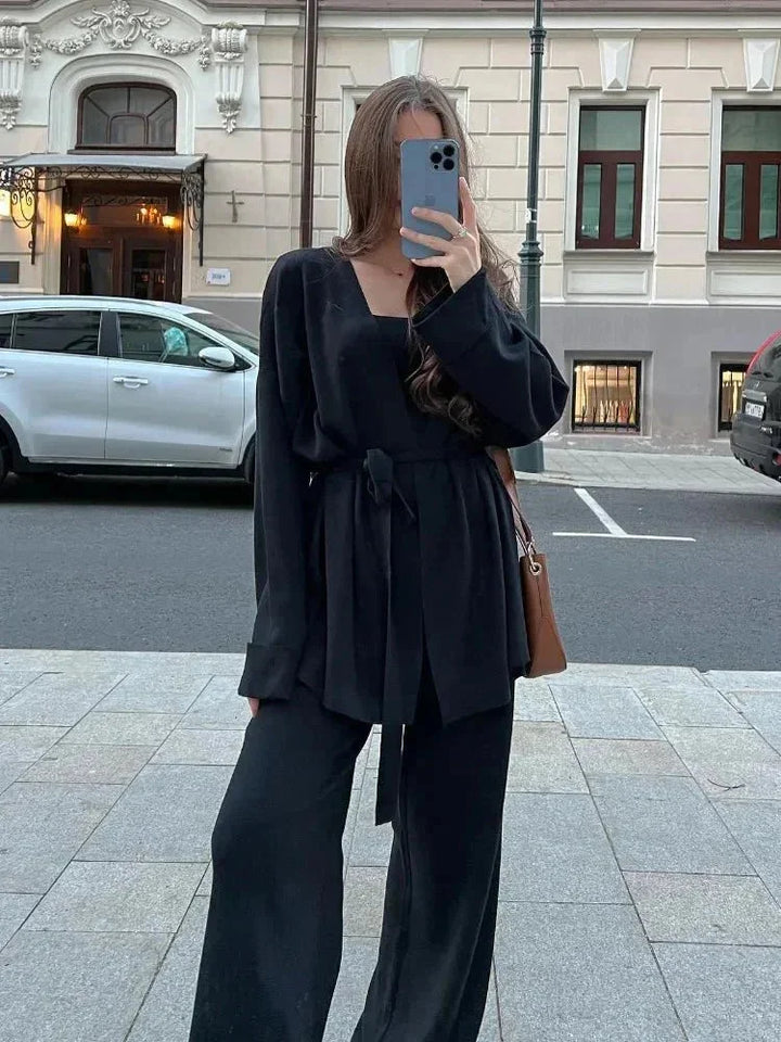 Women's Co Ord Set with Belted Cardigan and Knit Trousers