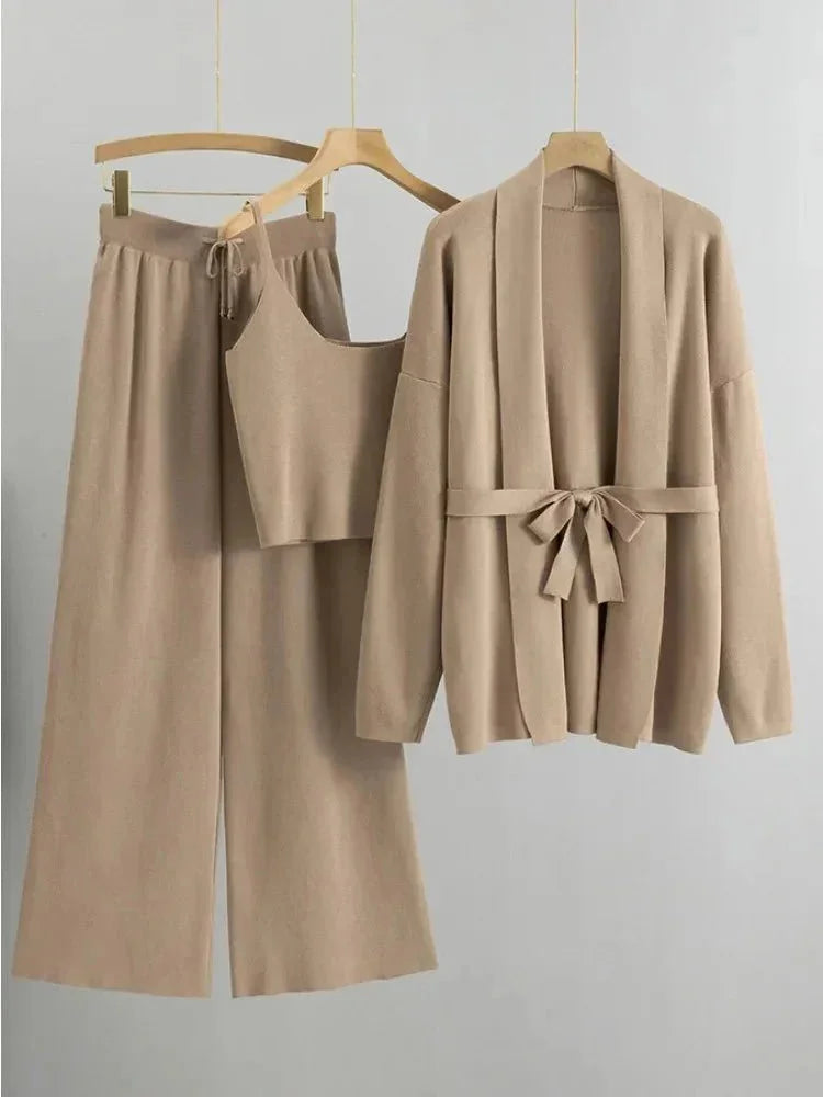 Women's Co Ord Set with Belted Cardigan and Knit Trousers