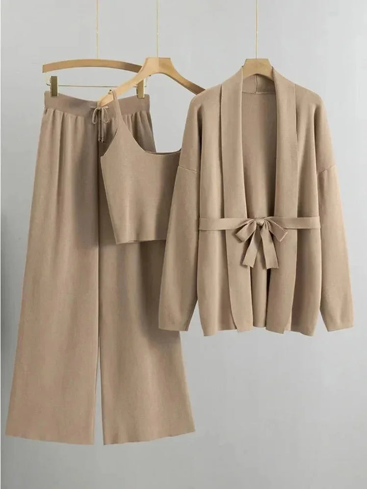 Women's Co Ord Set with Belted Cardigan and Knit Trousers