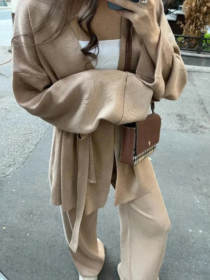 Women's Co Ord Set with Belted Cardigan and Knit Trousers