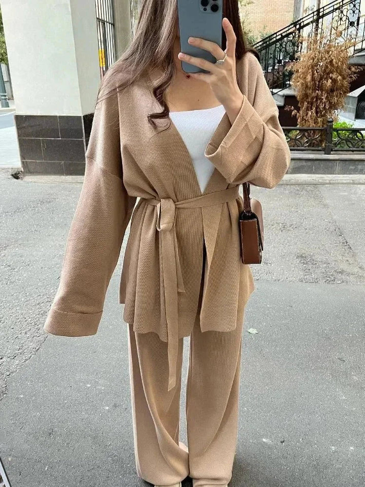 Women's Co Ord Set with Belted Cardigan and Knit Trousers