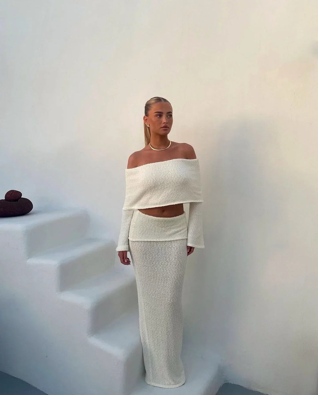 Women's Two Piece Co-Ord Set with Off Shoulder Top and Maxi Skirt
