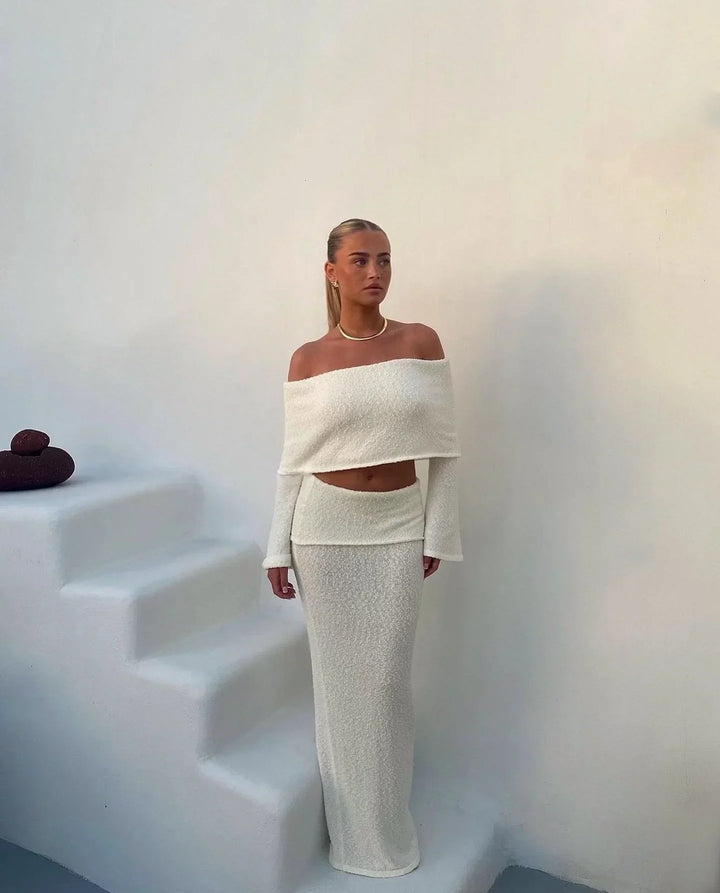 Women's Two Piece Co-Ord Set with Off Shoulder Top and Maxi Skirt