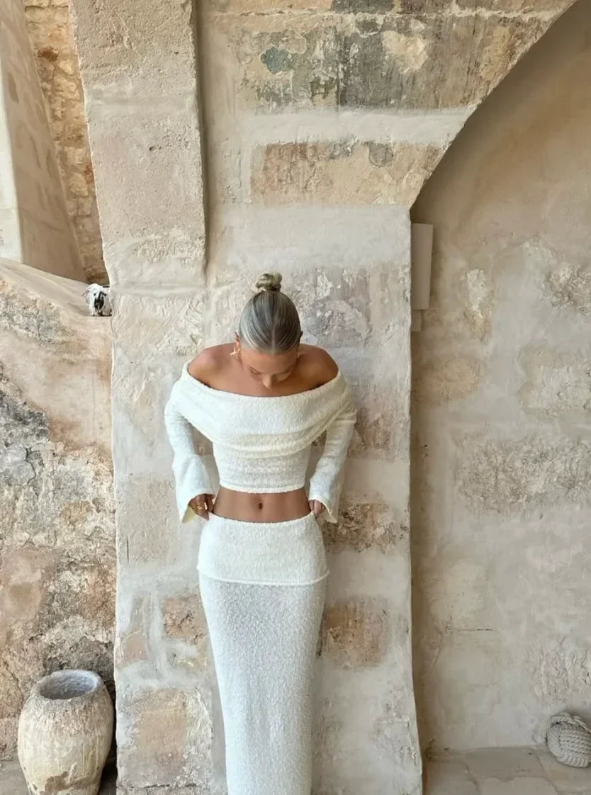 Women's Two Piece Co-Ord Set with Off Shoulder Top and Maxi Skirt