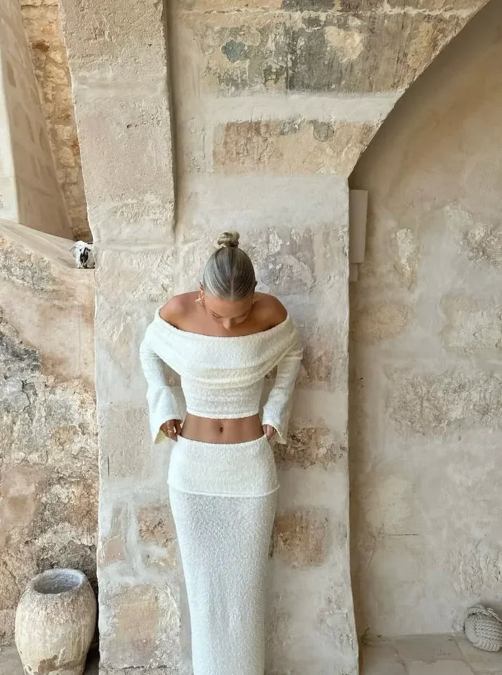 Women's Two Piece Co-Ord Set with Off Shoulder Top and Maxi Skirt