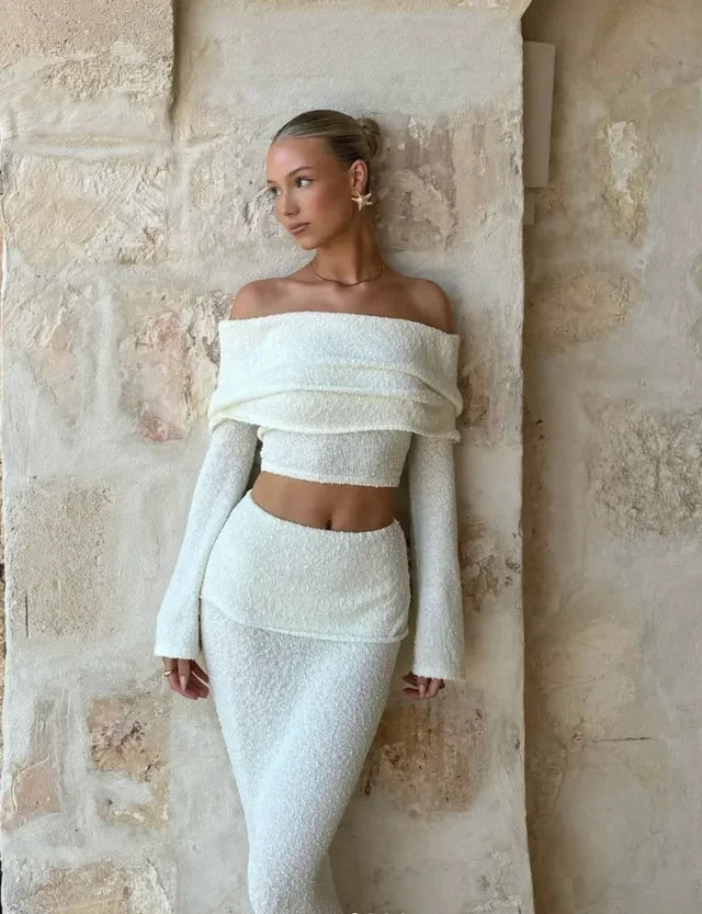 Women's Two Piece Co-Ord Set with Off Shoulder Top and Maxi Skirt