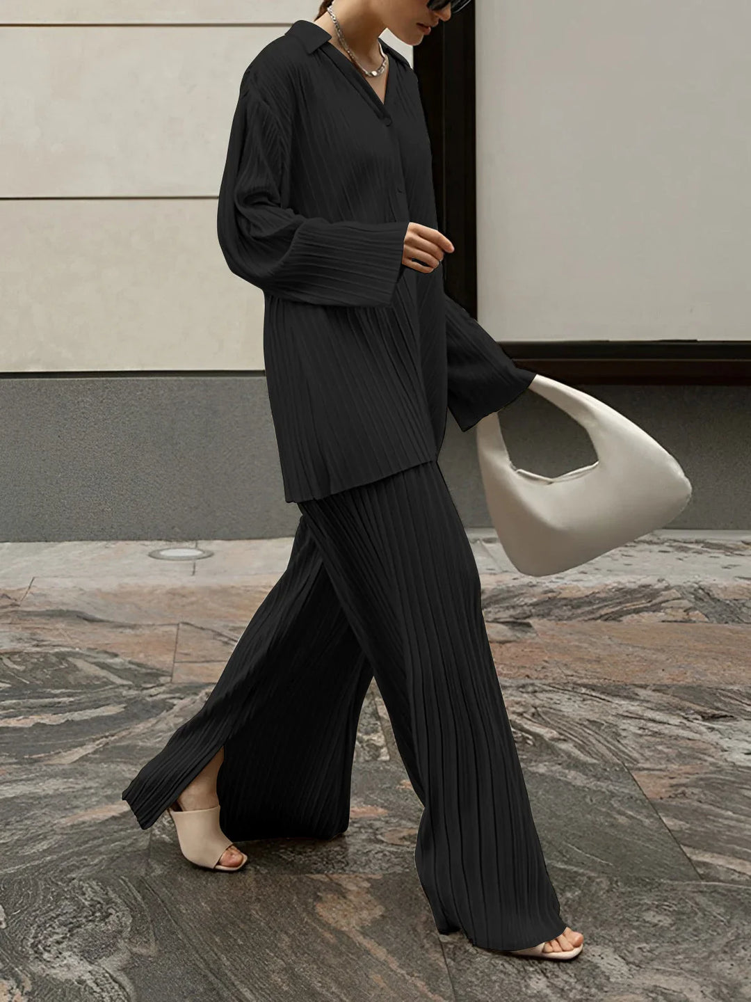Women's Pleated Co-Ord Set with Wide Leg Trousers