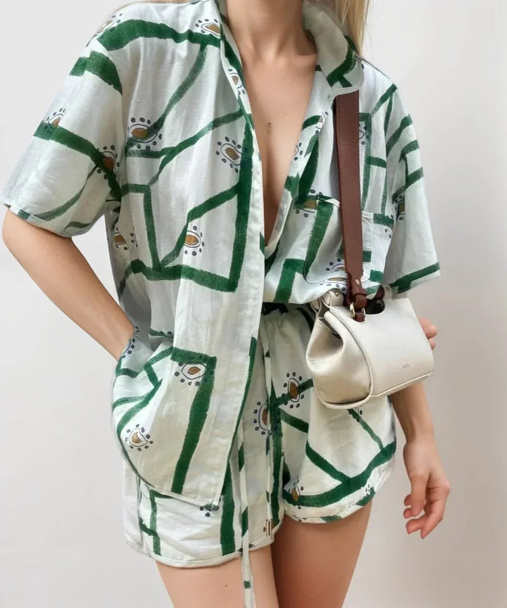 Women's Co Ord Set with Short Sleeve Shirt and Shorts
