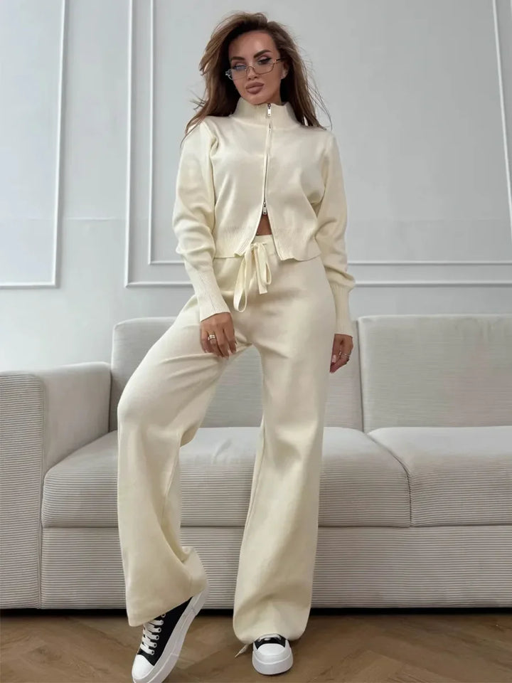 Women's Knit Co Ord Set with Cardigan and Wide Leg Trousers