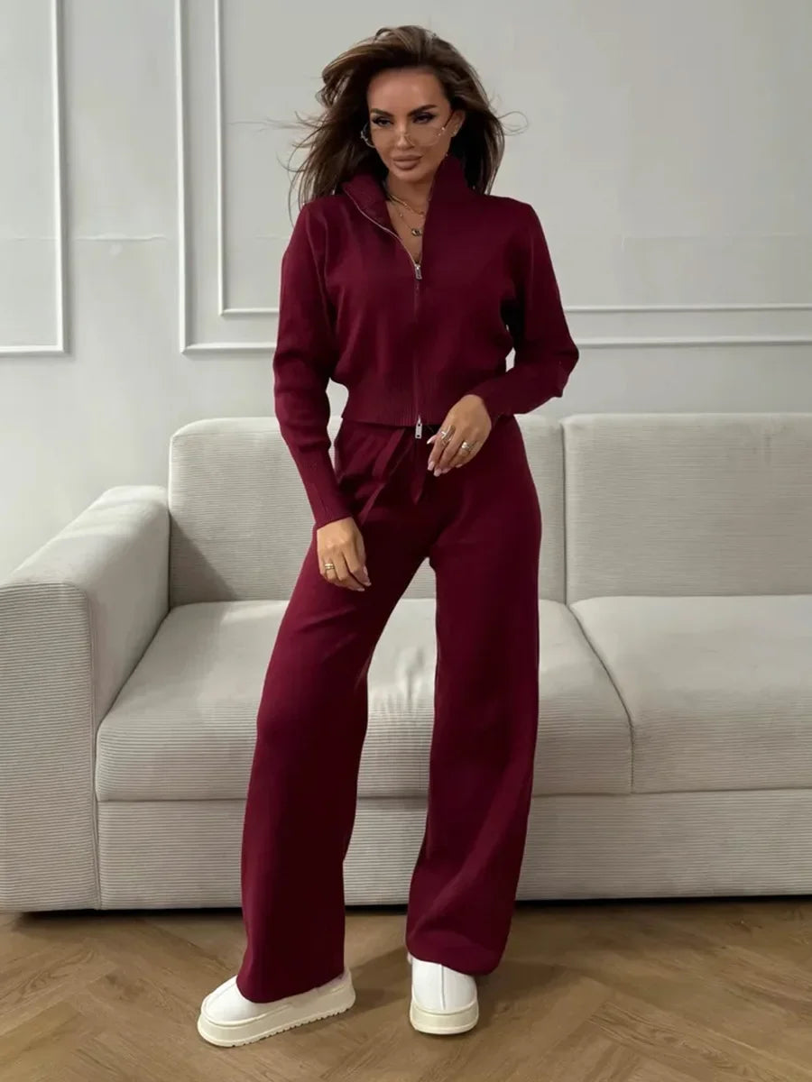 Women's Knit Co Ord Set with Cardigan and Wide Leg Trousers