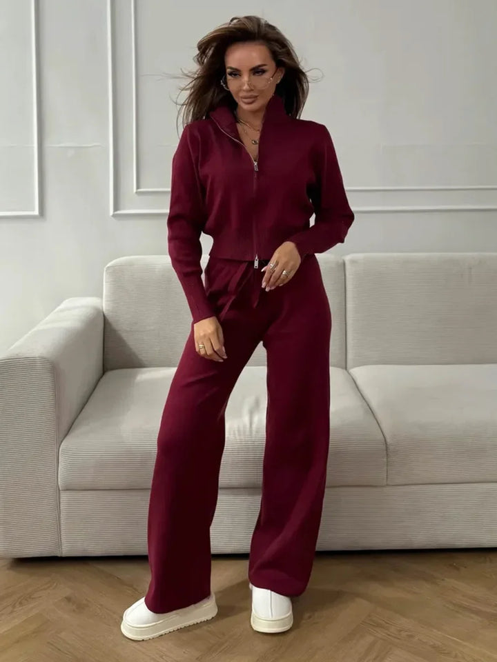 Women's Knit Co Ord Set with Cardigan and Wide Leg Trousers