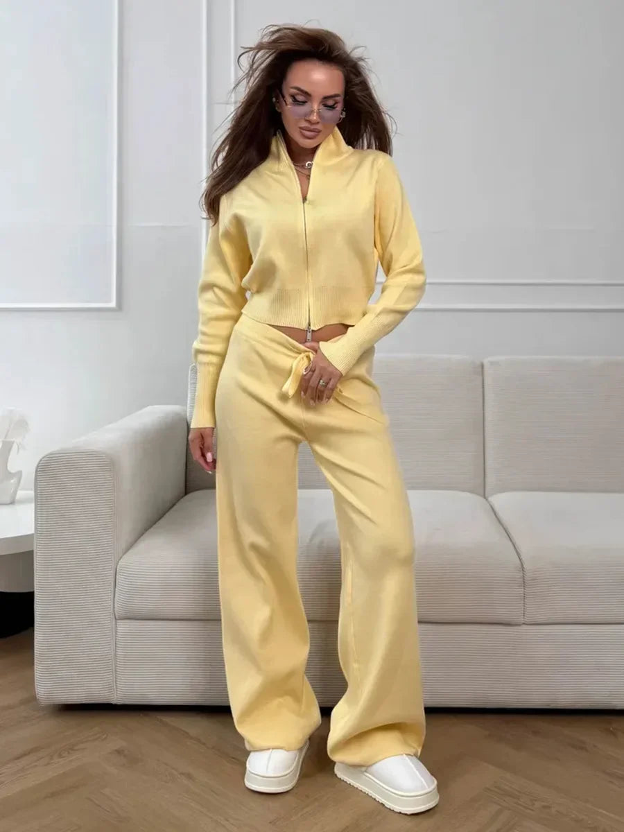 Women's Knit Co Ord Set with Cardigan and Wide Leg Trousers