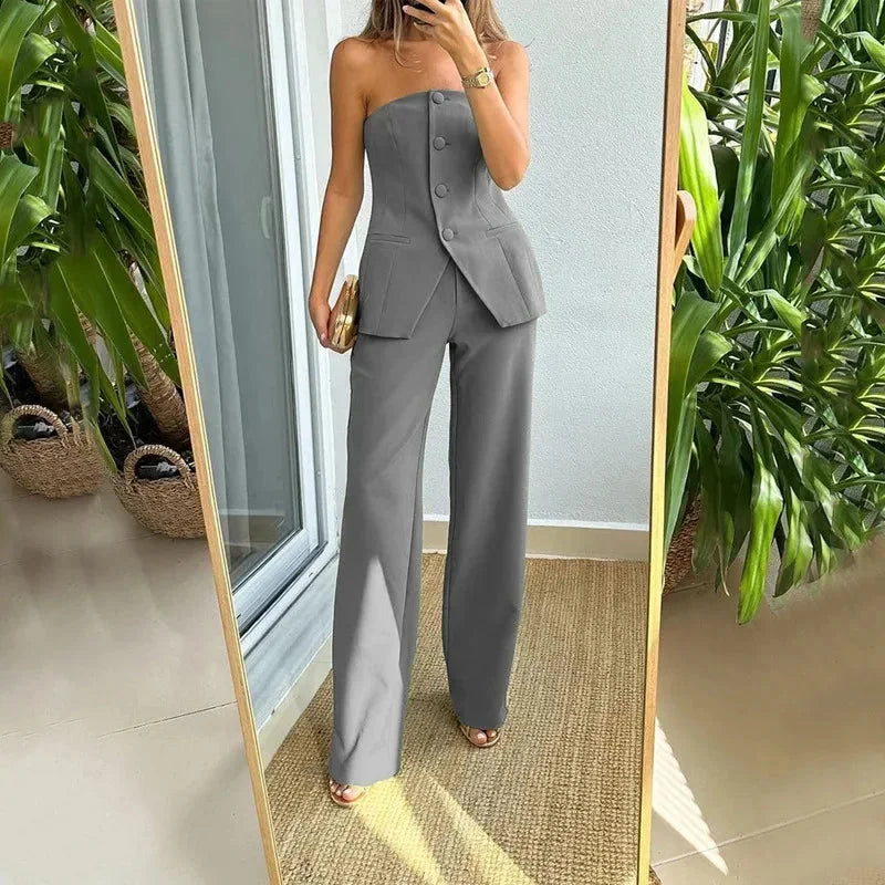 Women's Co Ord Set with Strapless Top and Wide Leg Trousers