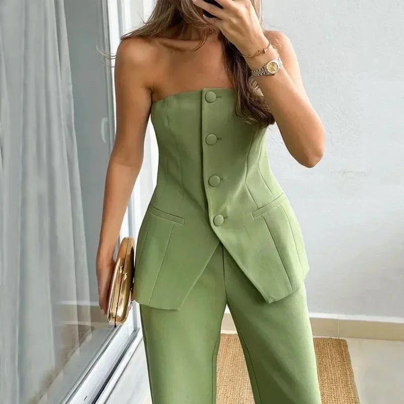 Women's Co Ord Set with Strapless Top and Wide Leg Trousers