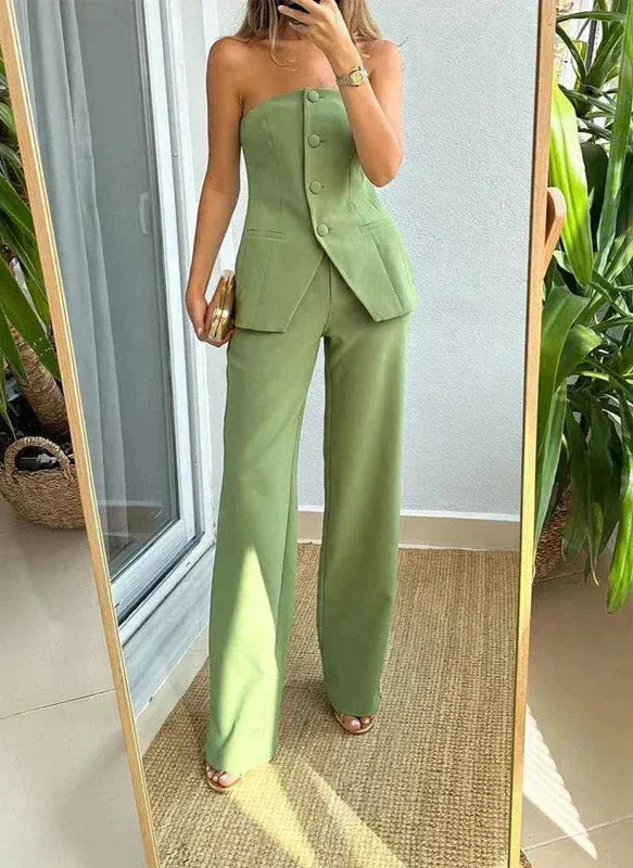 Women's Co Ord Set with Strapless Top and Wide Leg Trousers