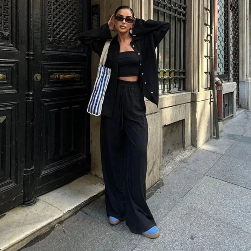 Women's Two Piece Co-Ord Set with Relaxed Shirt and Wide Leg Trousers