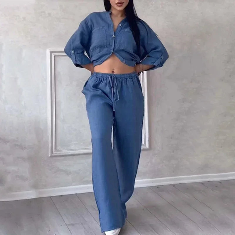 Women's Two Piece Co-Ord Set with Relaxed Shirt and Wide Leg Trousers
