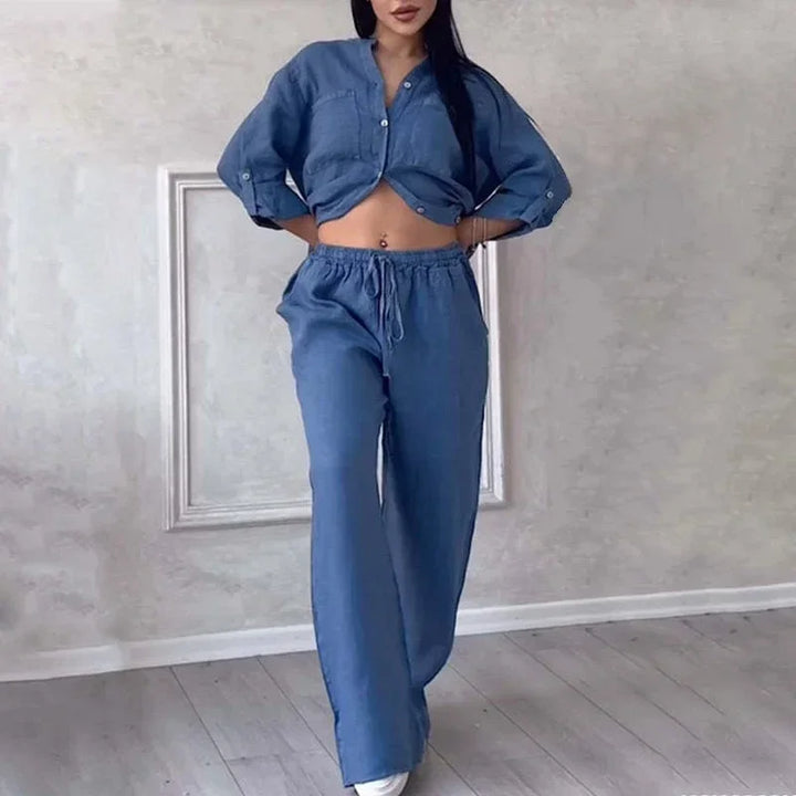 Women's Two Piece Co-Ord Set with Relaxed Shirt and Wide Leg Trousers