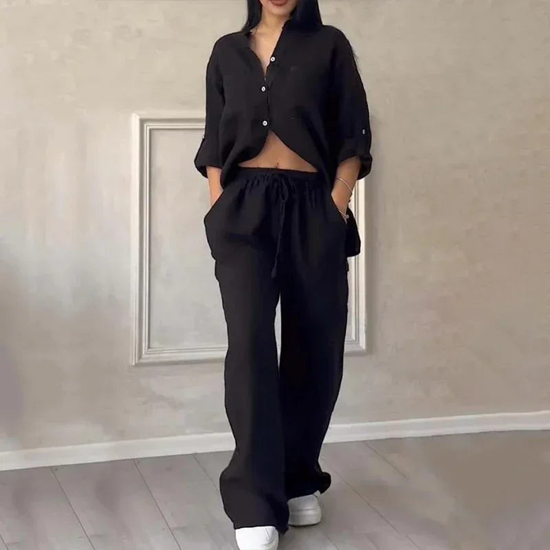 Women's Two Piece Co-Ord Set with Relaxed Shirt and Wide Leg Trousers