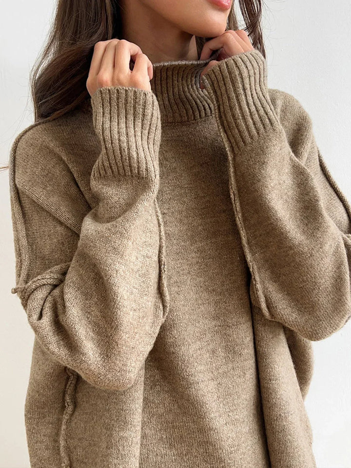 Women's Knit Co Ord Set with Turtleneck Top and Wide Leg Trousers