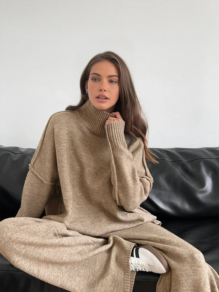 Women's Knit Co Ord Set with Turtleneck Top and Wide Leg Trousers